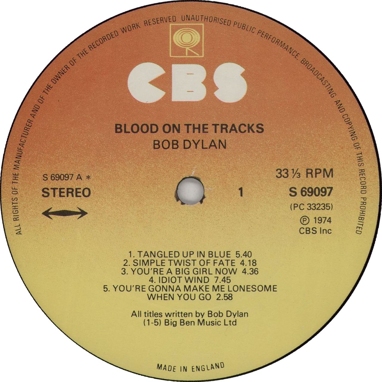 Bob Dylan Blood On The Tracks - 2nd UK Vinyl LP