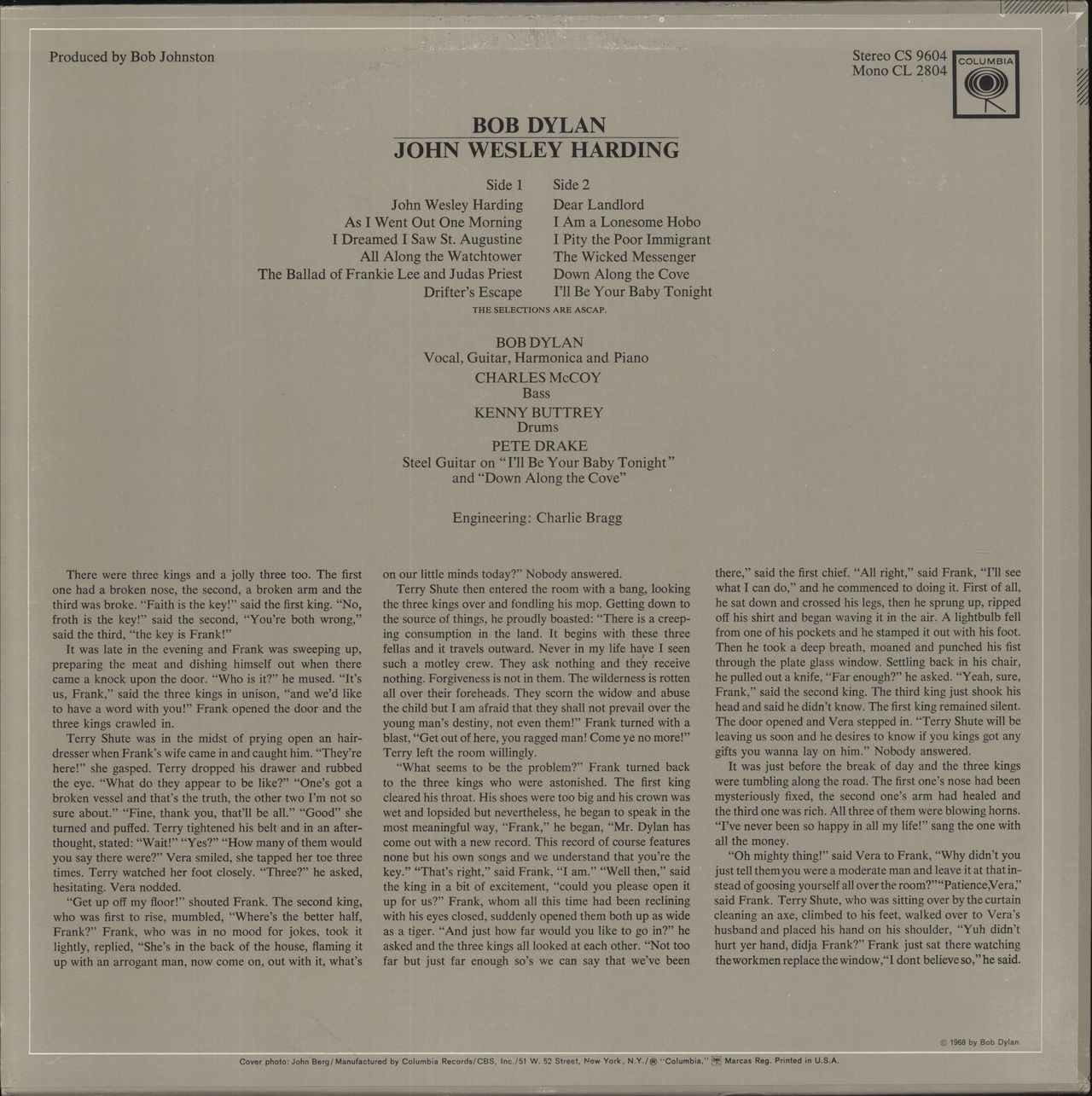 Bob Dylan John Wesley Harding US Vinyl LP