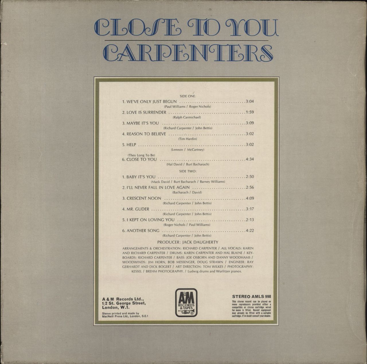 Carpenters Close To You - 1st - Brown Vinyl - EX UK Vinyl LP