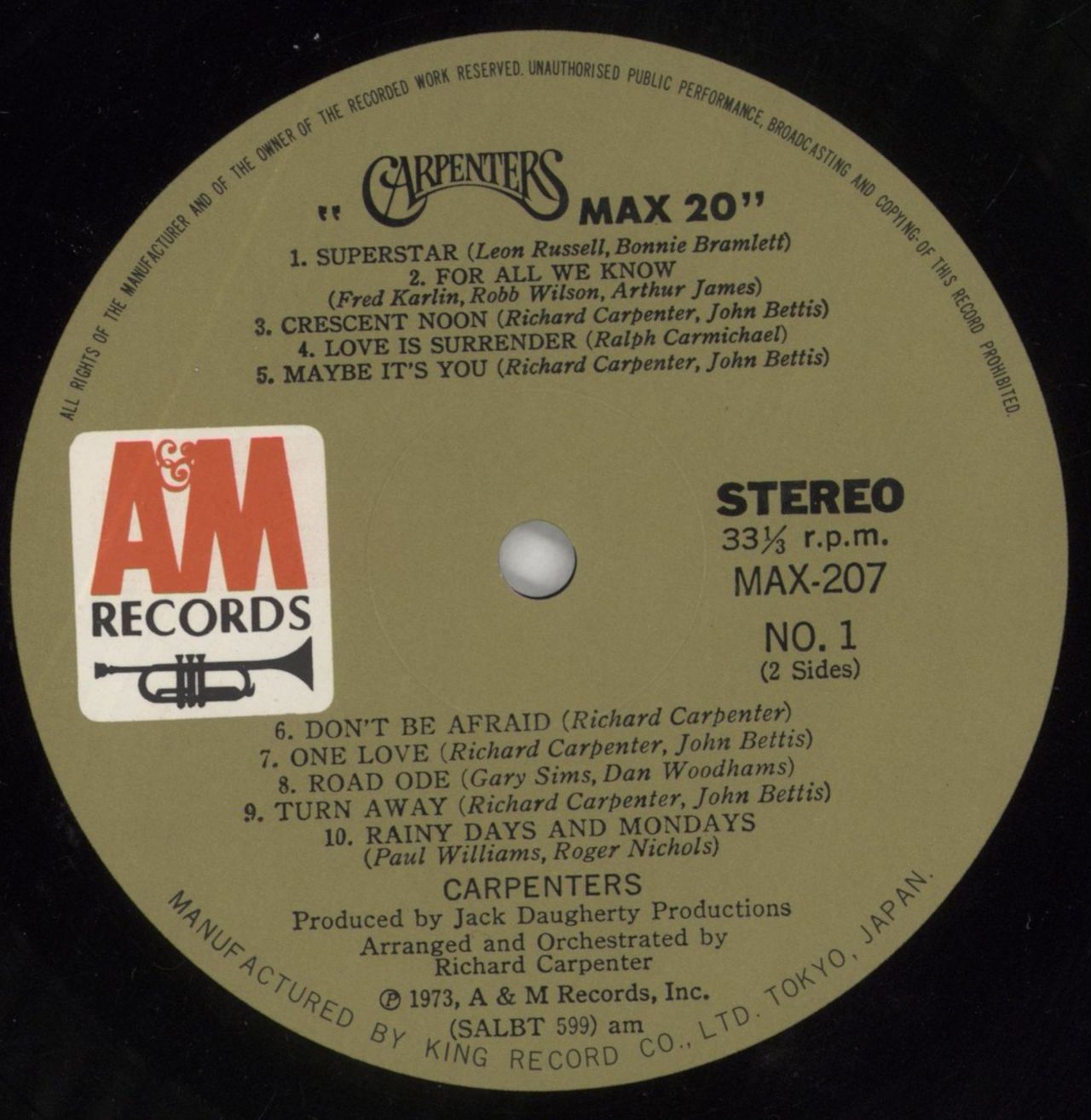 Carpenters Super Max 20 + Obi-strip Japanese Vinyl LP