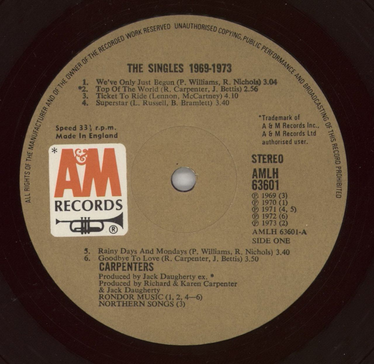 Carpenters The Singles 1969-1973 - Red Vinyl EX UK Vinyl LP