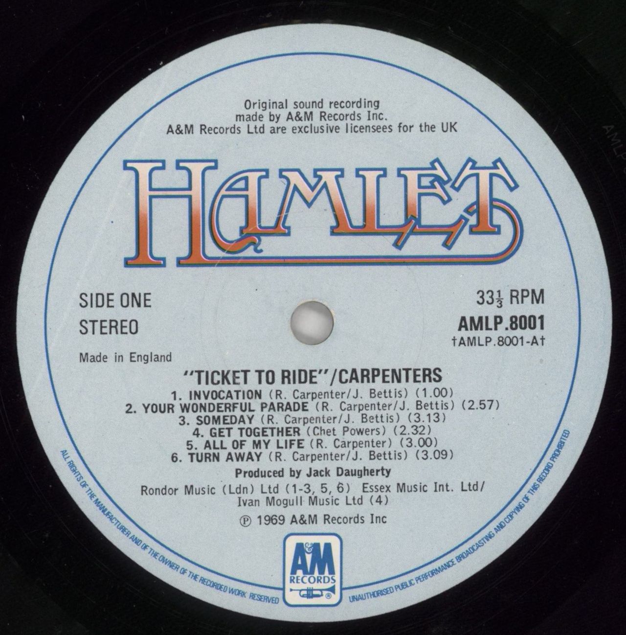 Carpenters Ticket To Ride UK Vinyl LP