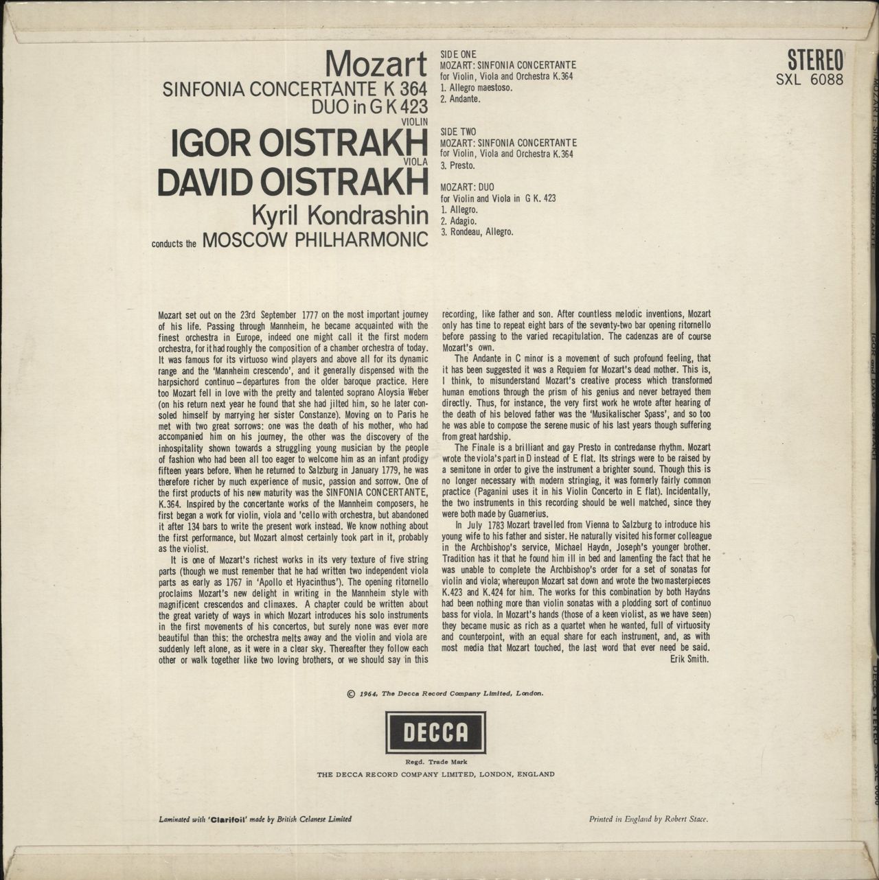 David & Igor Oïstrakh Mozart: Sinfonia Concertante K.364 / Duo in G K.423 - ED1 UK Vinyl LP