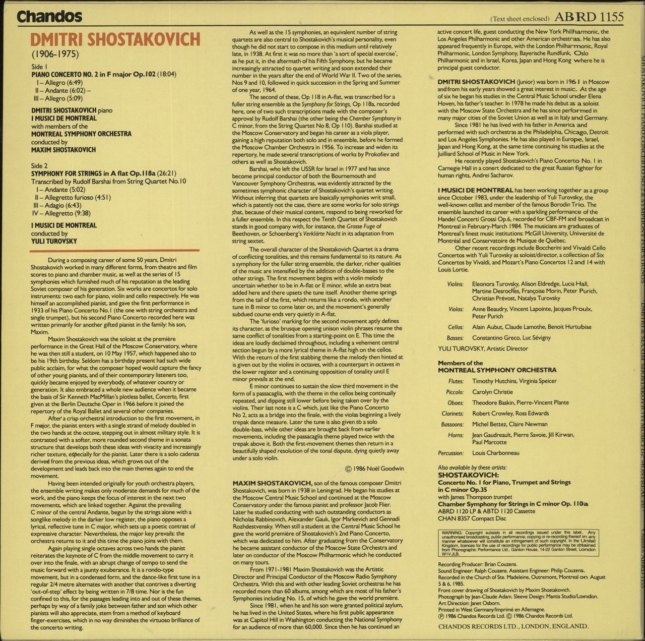 Dmitri Shostakovich Shostakovich: Piano Concerto No.2 Op.102 / Symphony For Strings Op.118a UK Vinyl LP