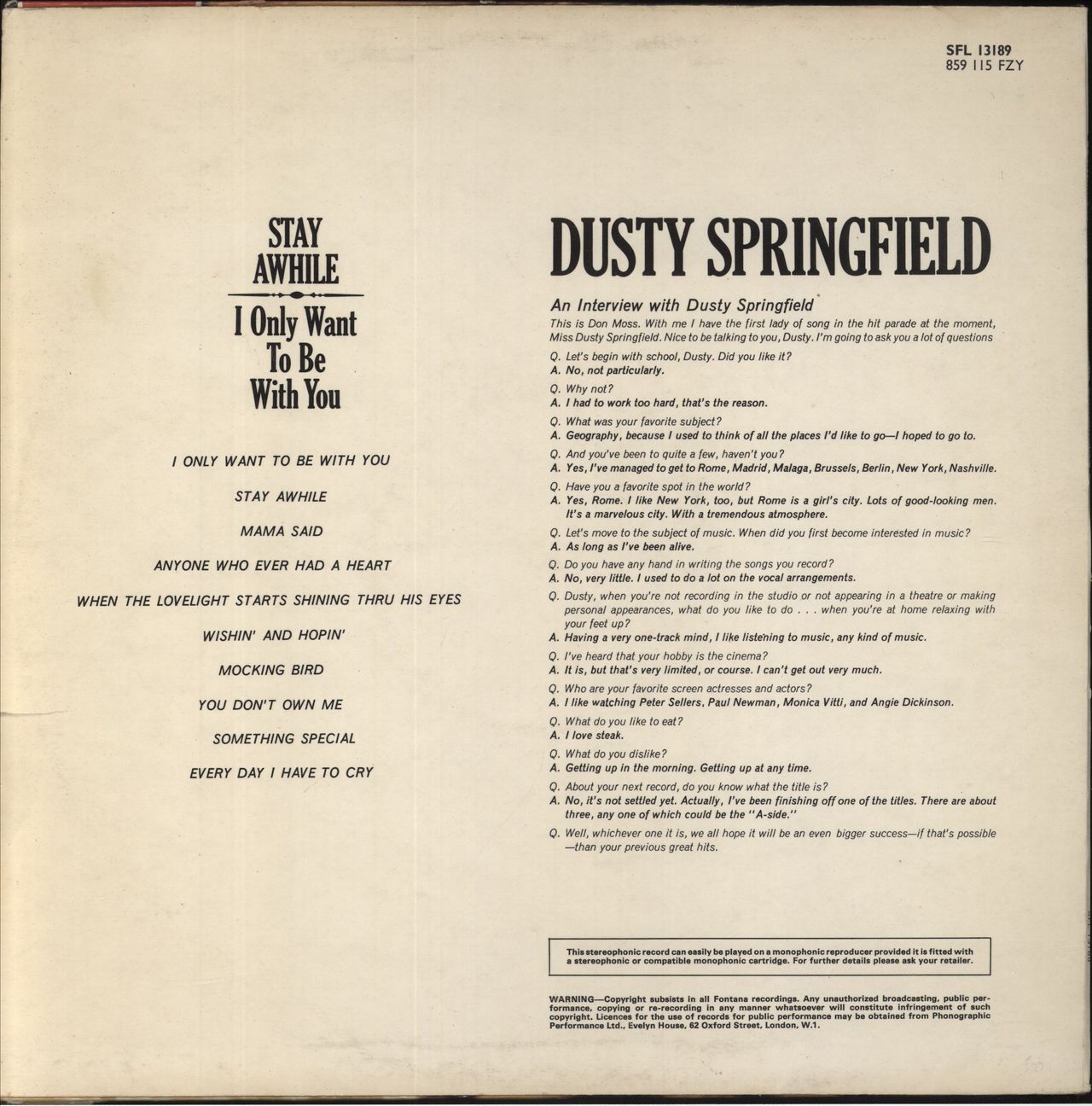Dusty Springfield Stay Awhile UK Vinyl LP