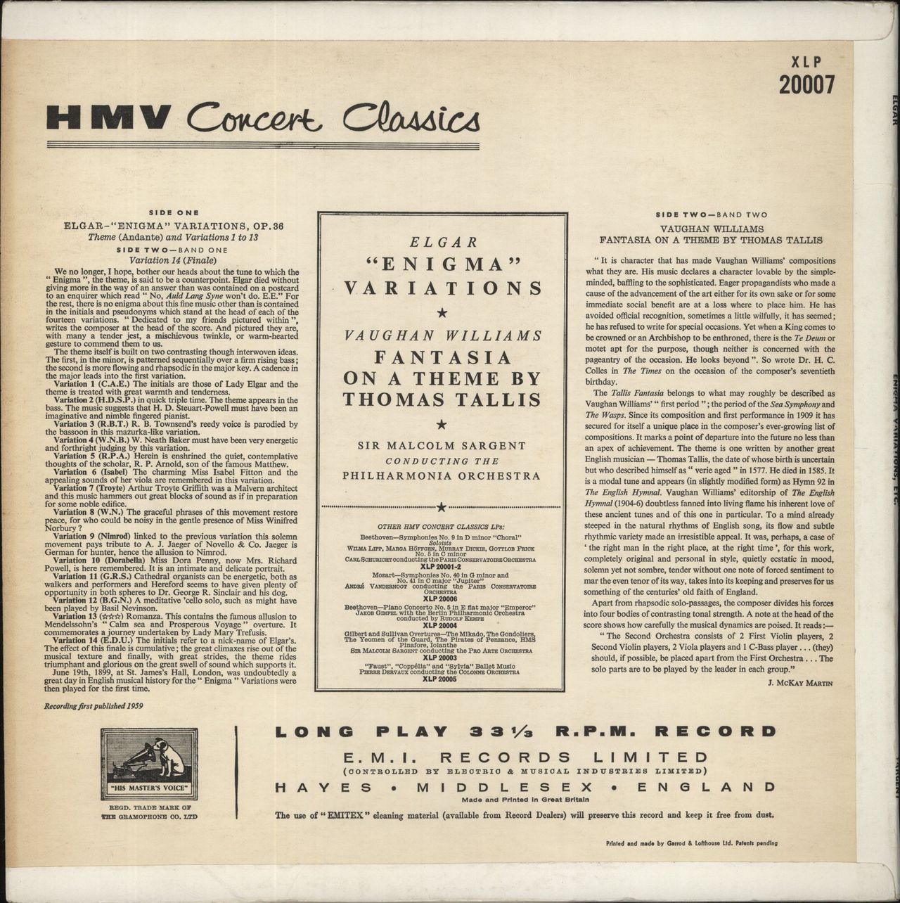 Edward Elgar Elgar: Enigma Variations / Williams: Fantasia On A Theme By Thomas Tallis UK Vinyl LP