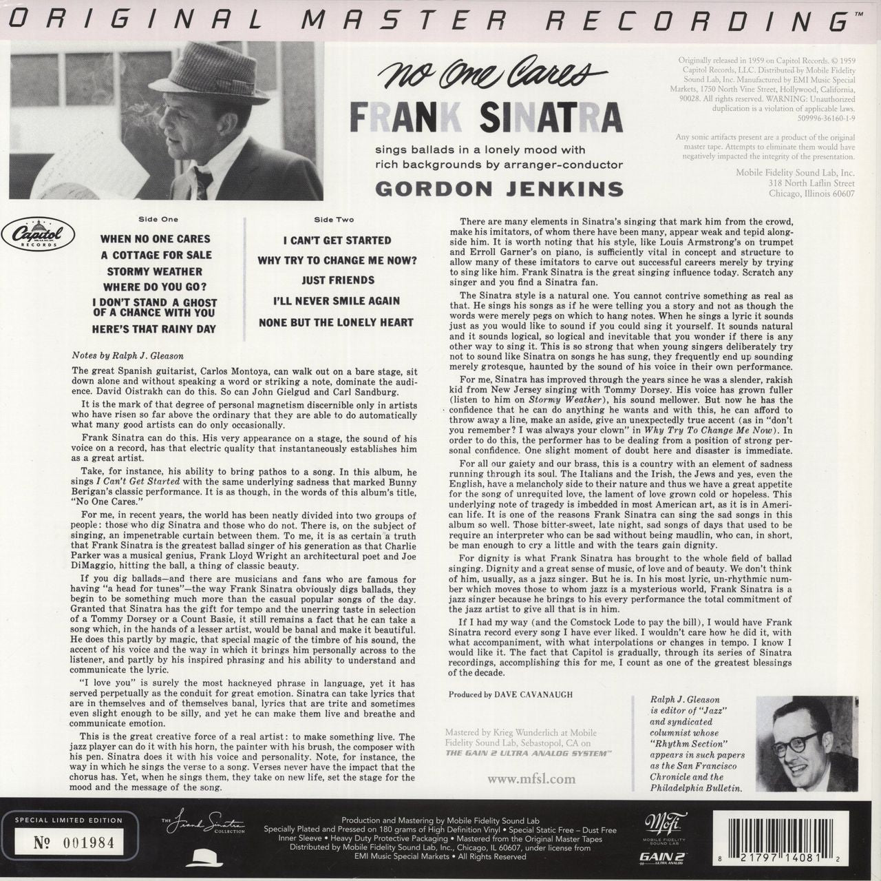 Frank Sinatra No One Cares - 180gm US Vinyl LP