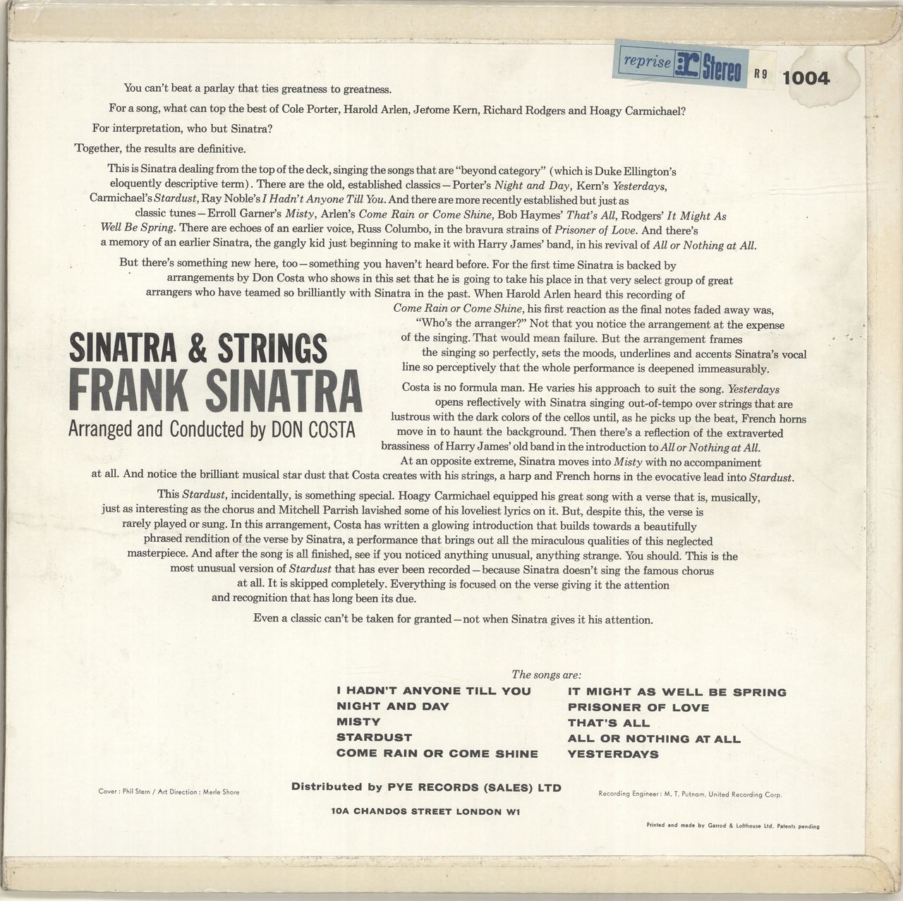 Frank Sinatra Sinatra & Strings UK Vinyl LP