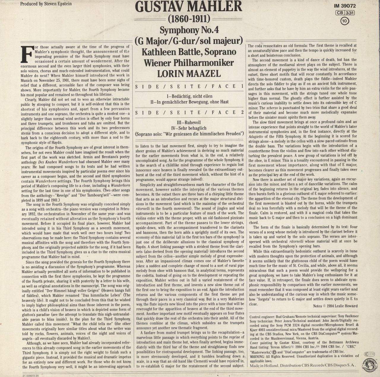 Gustav Mahler Symphony No. 4 UK Vinyl LP