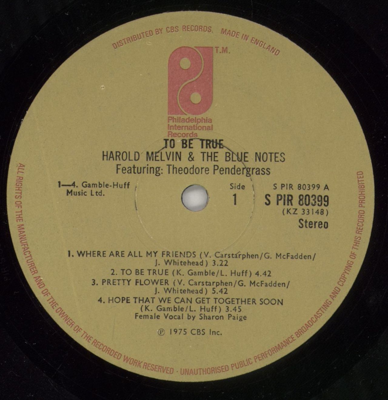Harold Melvin & The Blue Notes To Be True UK Vinyl LP