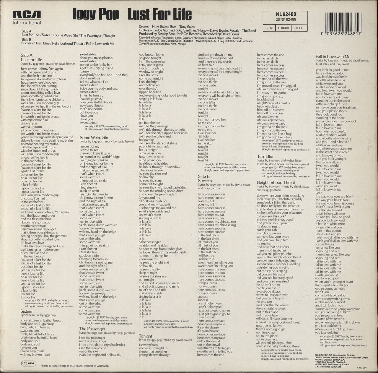 Iggy Pop Lust For Life - barcoded p/s German Vinyl LP