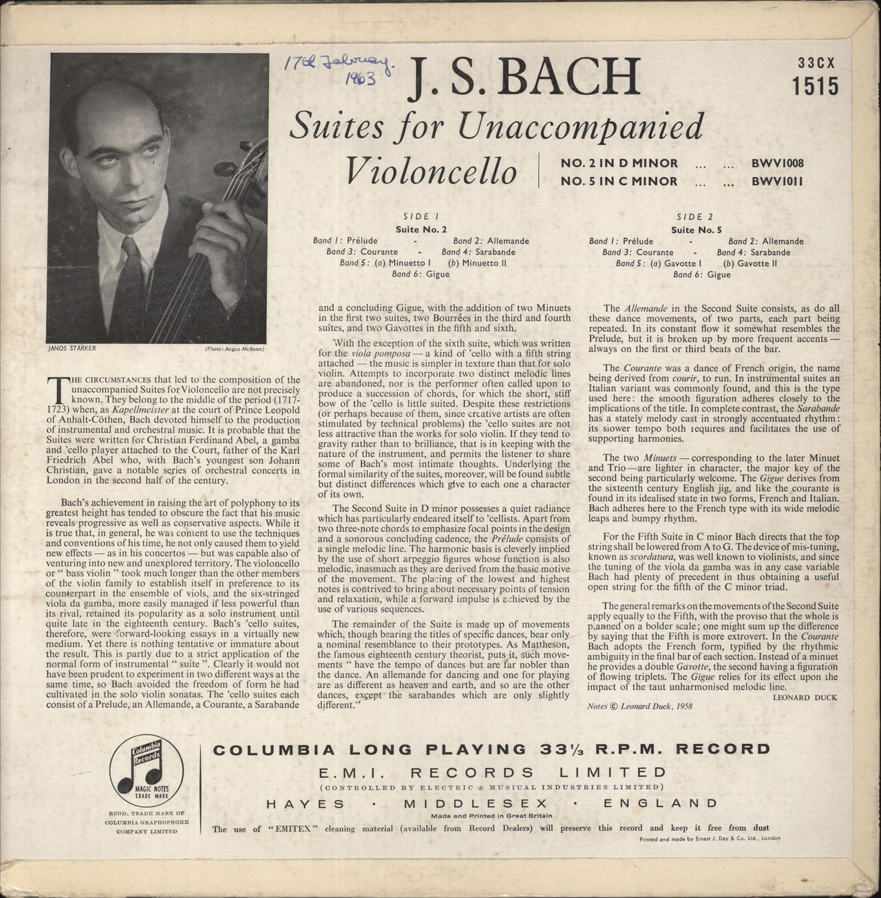 János Starker Bach: Suites For Unaccompanied Cello: No. 2 in D Minor / No. 5 in C Minor - VG UK Vinyl LP