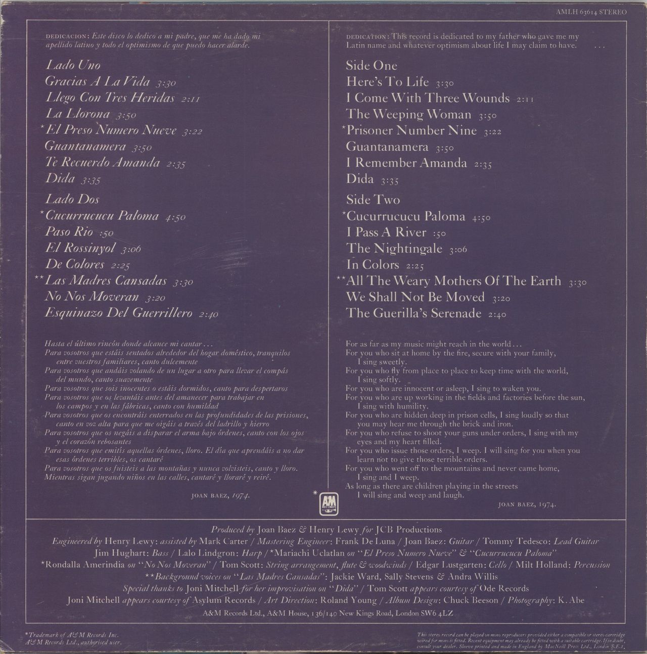 Joan Baez Gracias A La Vida - Here's To Life UK Vinyl LP