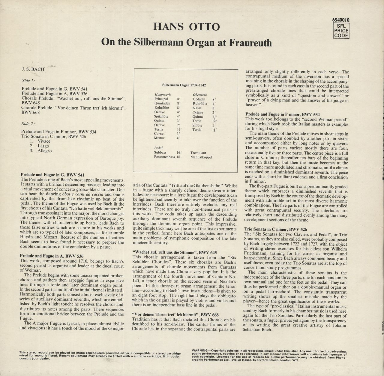 Johann Sebastian Bach Bach: At The Silbermann Organ At Fraureuth UK Vinyl LP