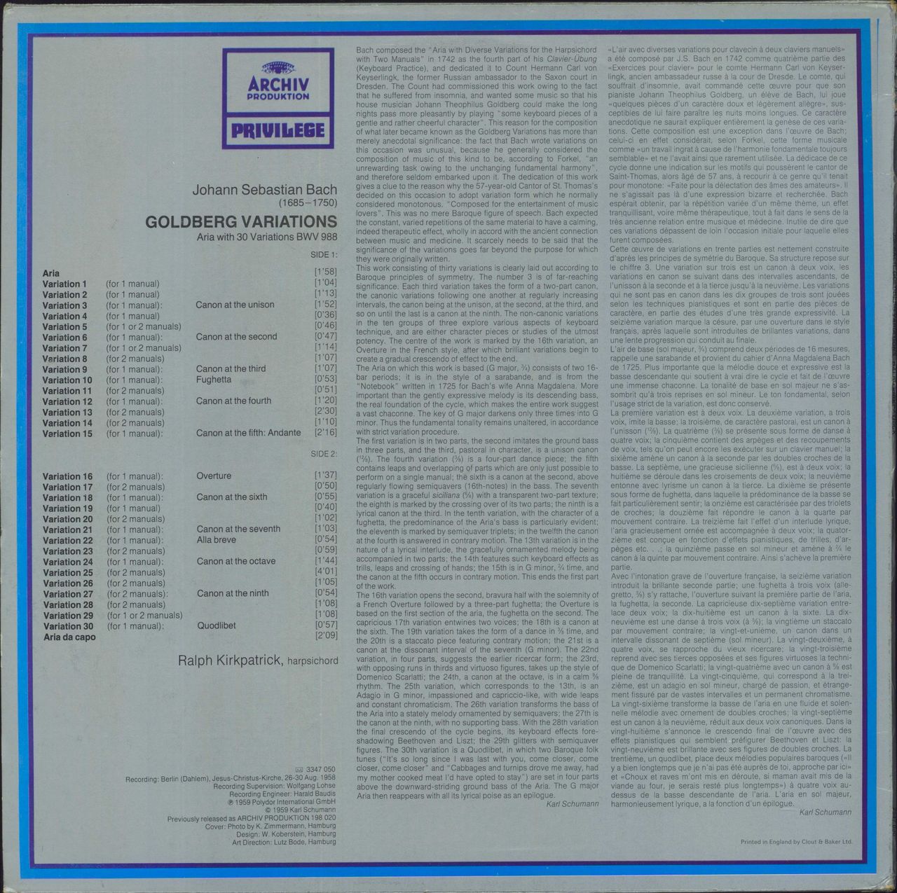 Johann Sebastian Bach Bach: Goldberg-Variationen UK Vinyl LP