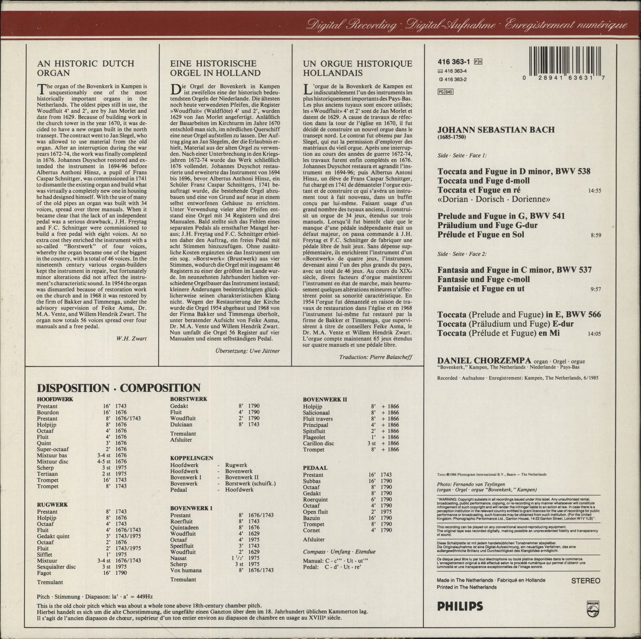 Johann Sebastian Bach J. S. Bach: Preludes And Fugues, BWV 537, 538 «Dorian» & 541, Toccata BWV 566 Dutch Vinyl LP