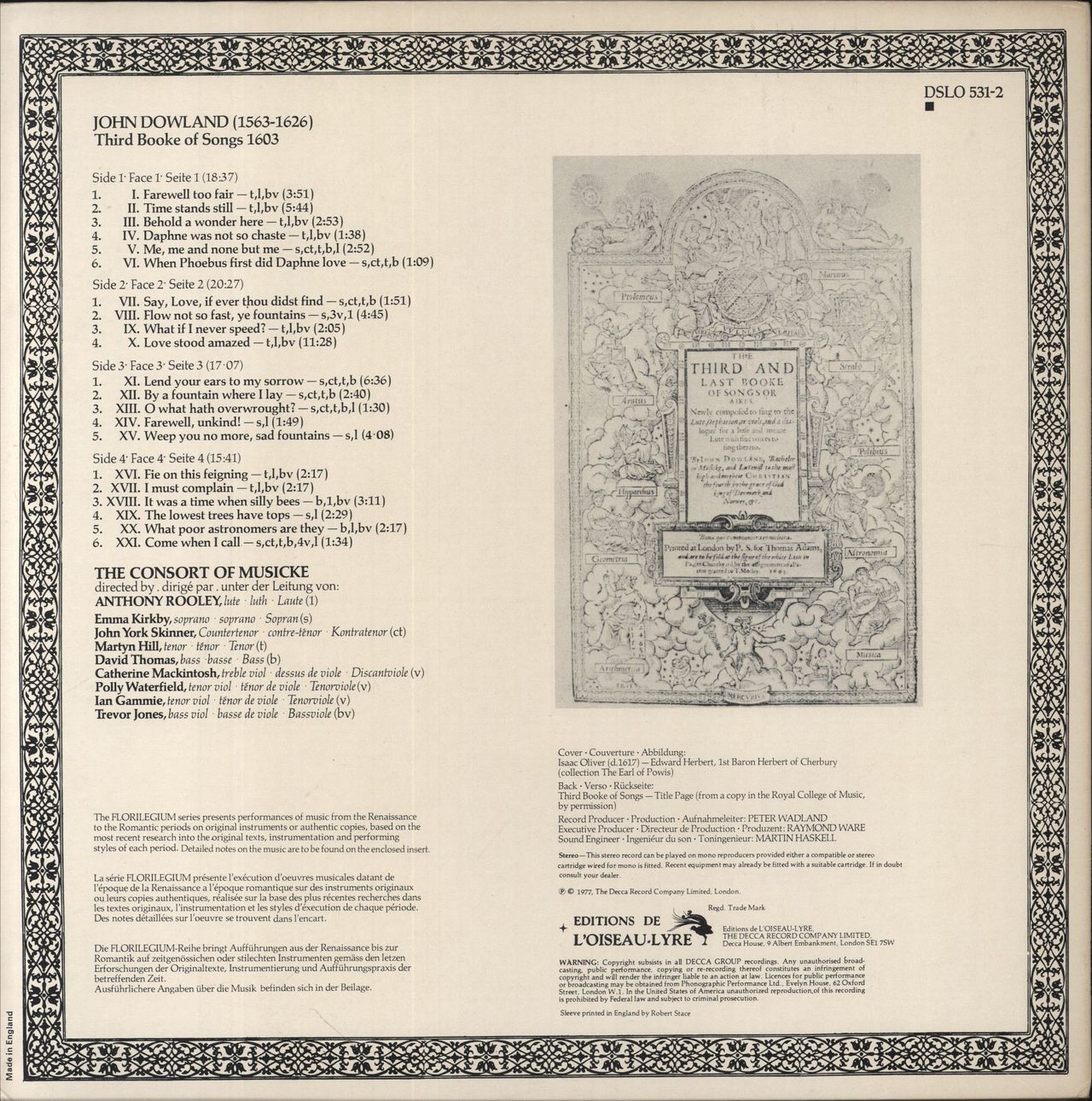 John Dowland Third Booke Of Songs 1603 UK 2-LP vinyl set