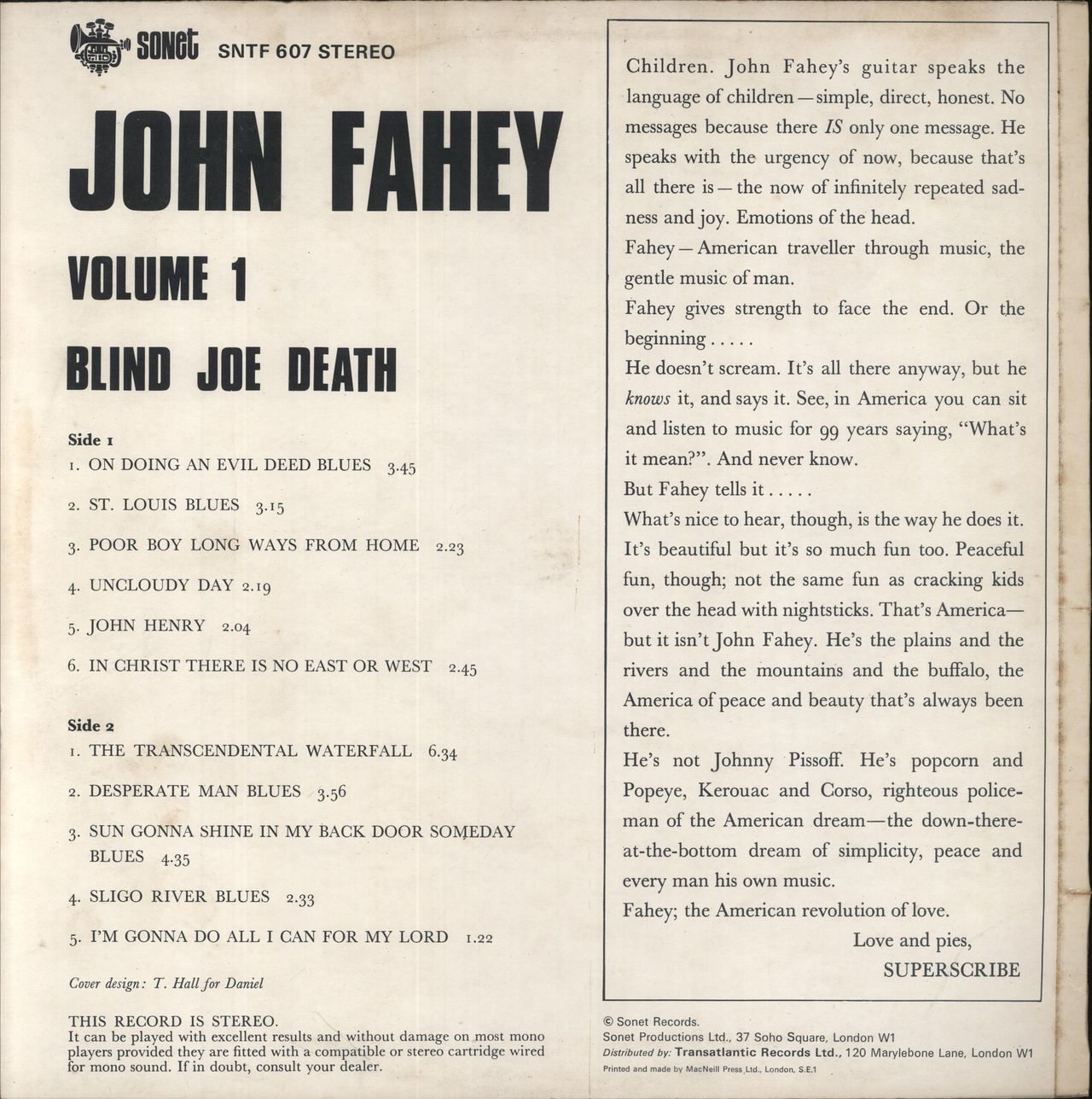 John Fahey Volume 1 - Blind Joe Death - VG UK Vinyl LP