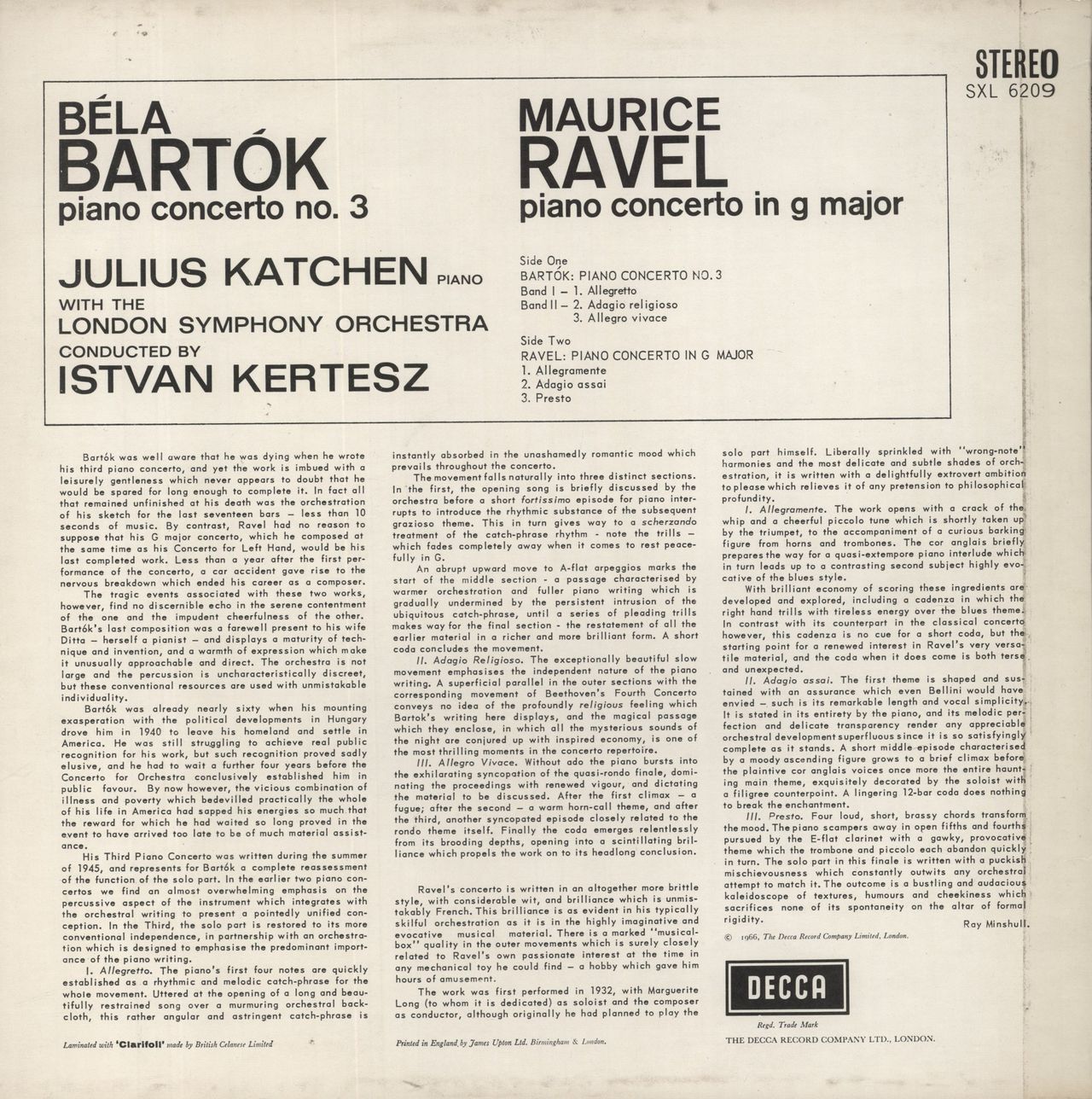 Julius Katchen Bartók: Piano Concerto No. 3 / Ravel: Piano Concerto In G Major UK Vinyl LP