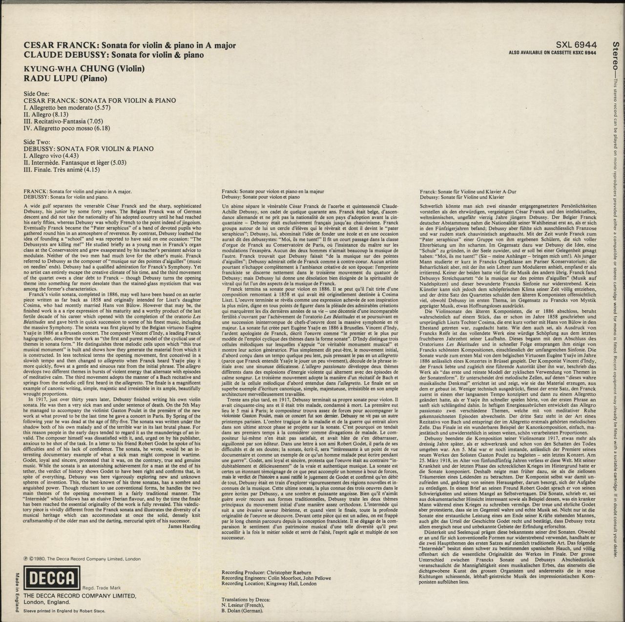Kyung-Wha Chung Franck: Sonata For Violin & Piano In A Major / Debussy: Sonata For Violin & Piano Dutch Vinyl LP