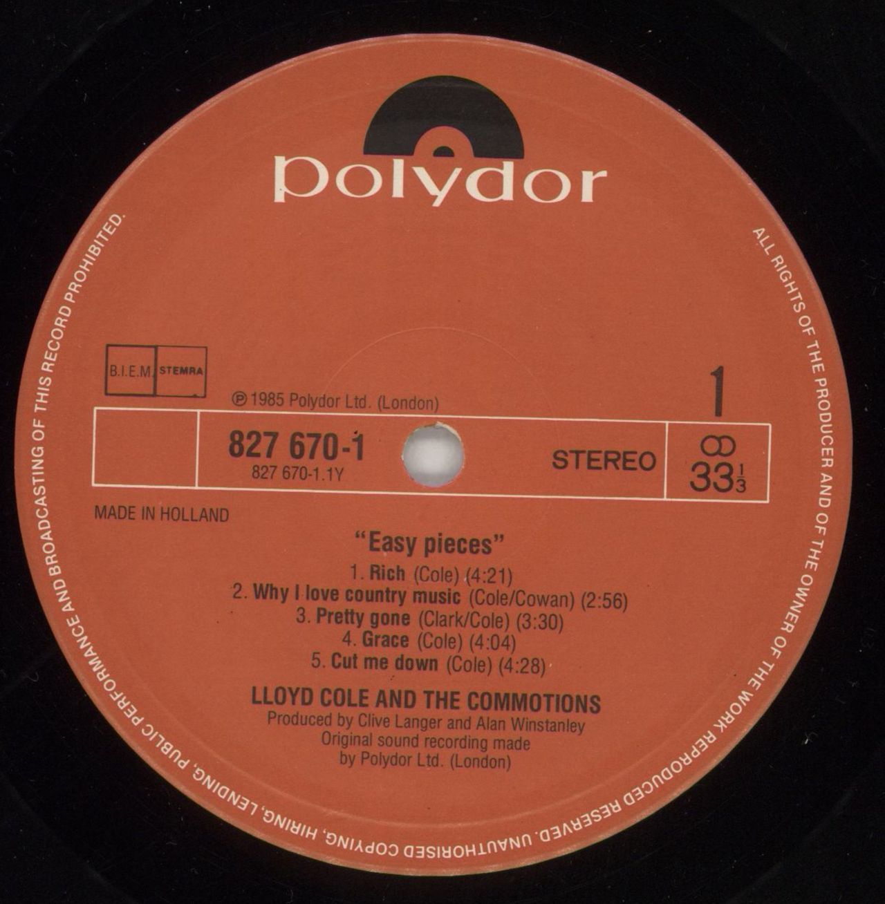 Lloyd Cole Easy Pieces Dutch Vinyl LP