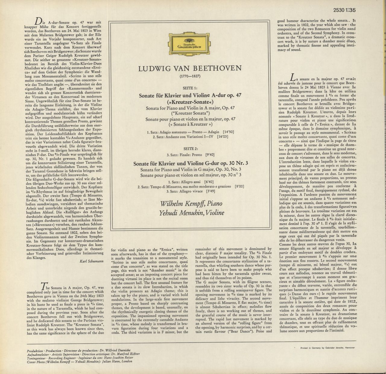 Ludwig Van Beethoven Beethoven: Violinsonaten = Violin Sonatas Op. 47 »Kreutzer« · Op. 30 No. 3 UK Vinyl LP