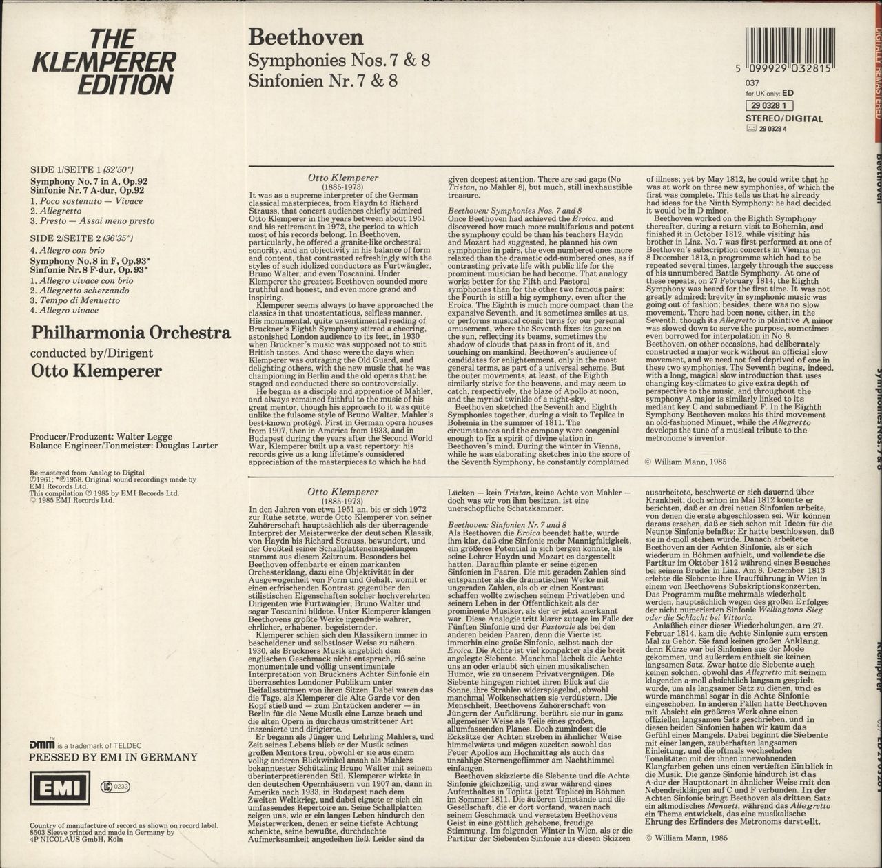 Ludwig Van Beethoven Symphonies Nos. 7 & 8 UK Vinyl LP