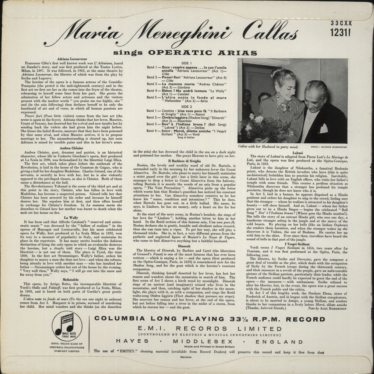 Maria Callas Sings Operatic Arias UK Vinyl LP