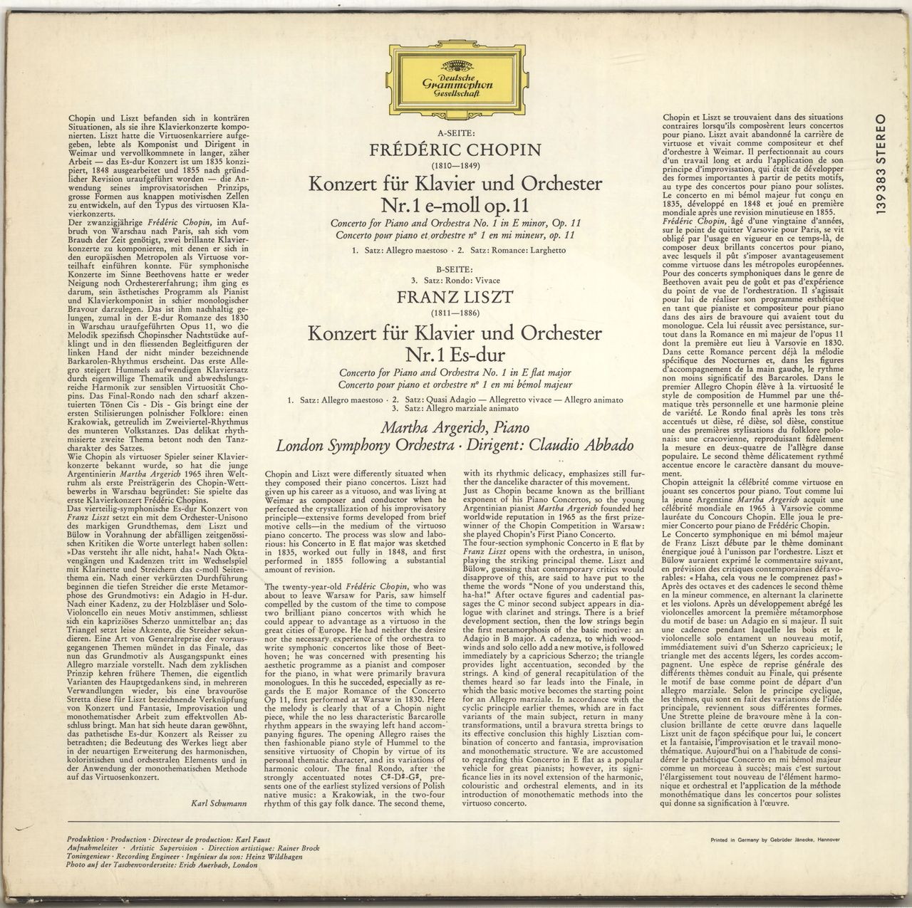 Martha Argerich Chopin: Piano Concerto No. 1 / Liszt: Piano Concerto No.1 German Vinyl LP