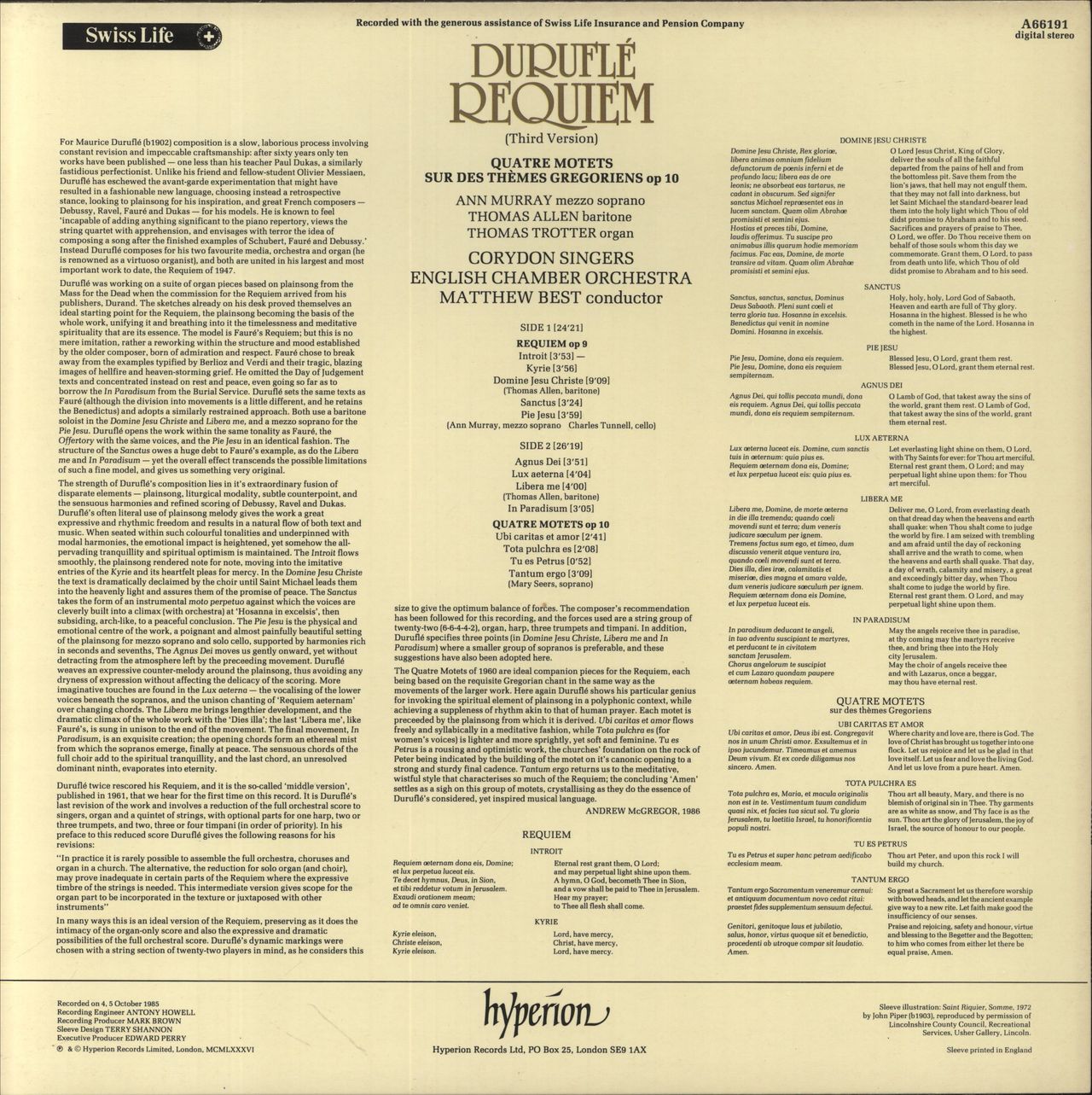 Maurice Duruflé Requiem & Four Motets UK Vinyl LP