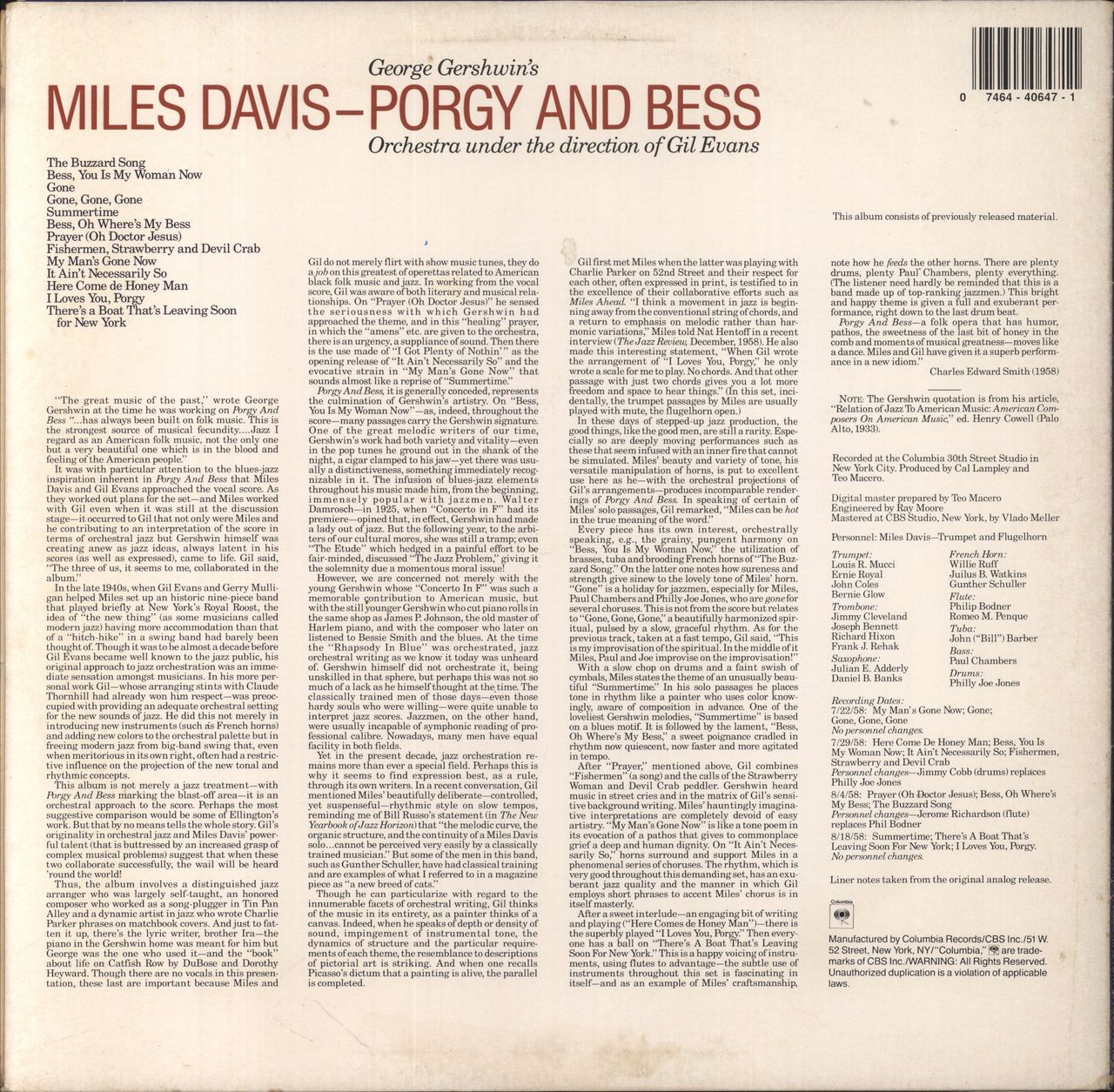 Miles Davis Porgy And Bess US Vinyl LP