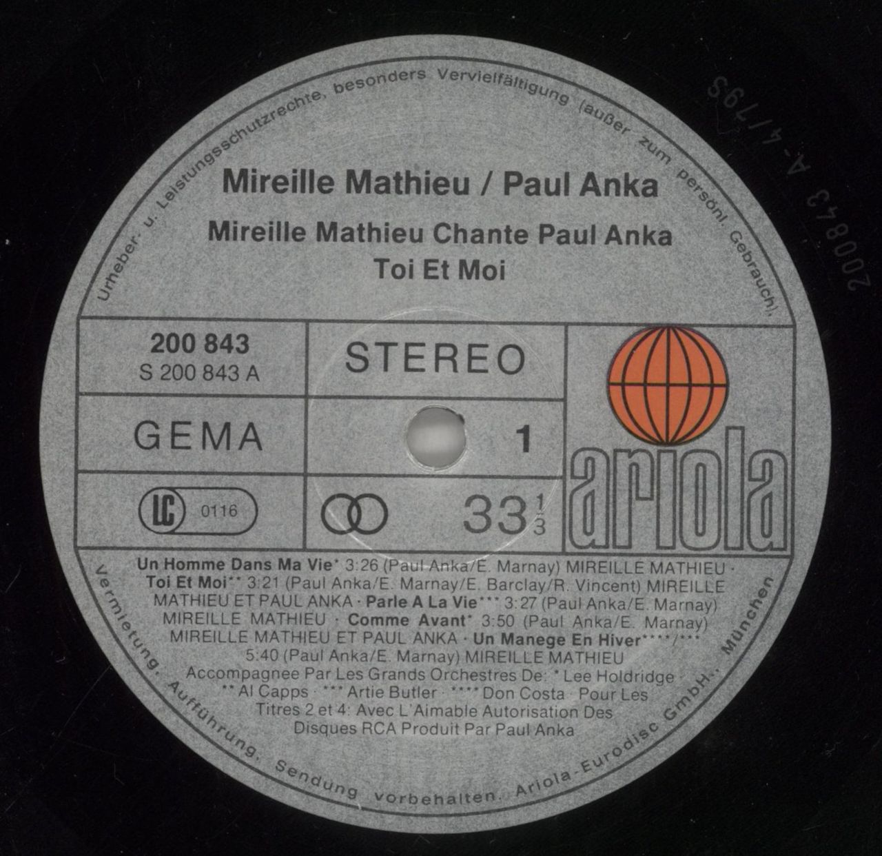 Mireille Mathieu Toi Et Moi German Vinyl LP