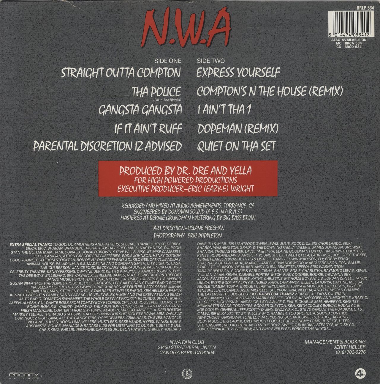 N.W.A. Straight Outta Compton - VG UK Vinyl LP