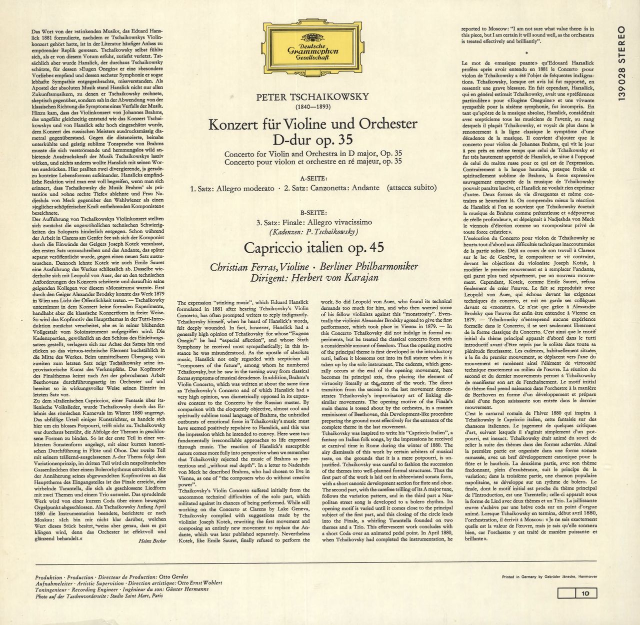 Pyotr Ilyich Tchaikovsky Violin Concerto / Capriccio Italien German Vinyl LP