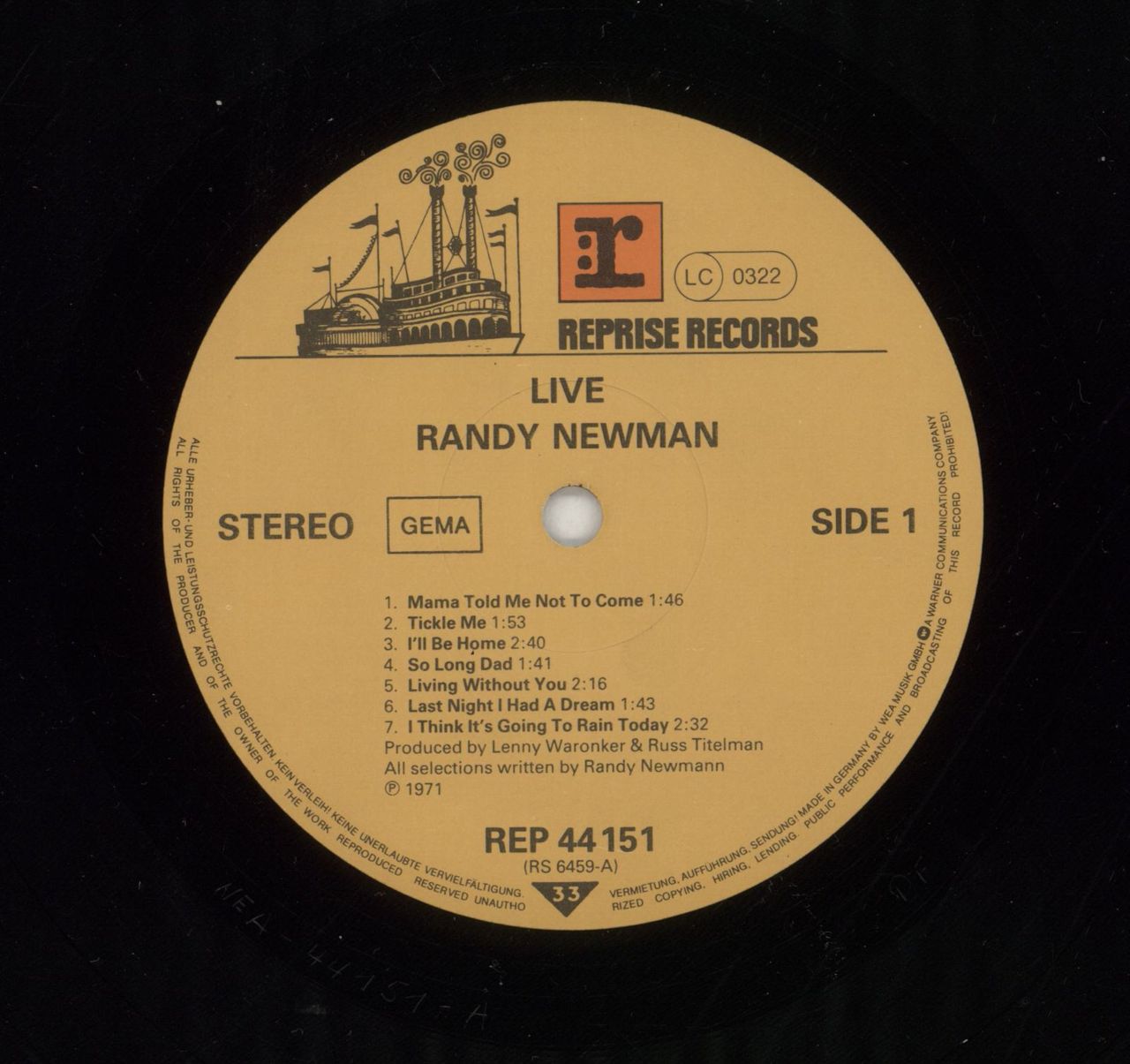 Randy Newman Live German Vinyl LP