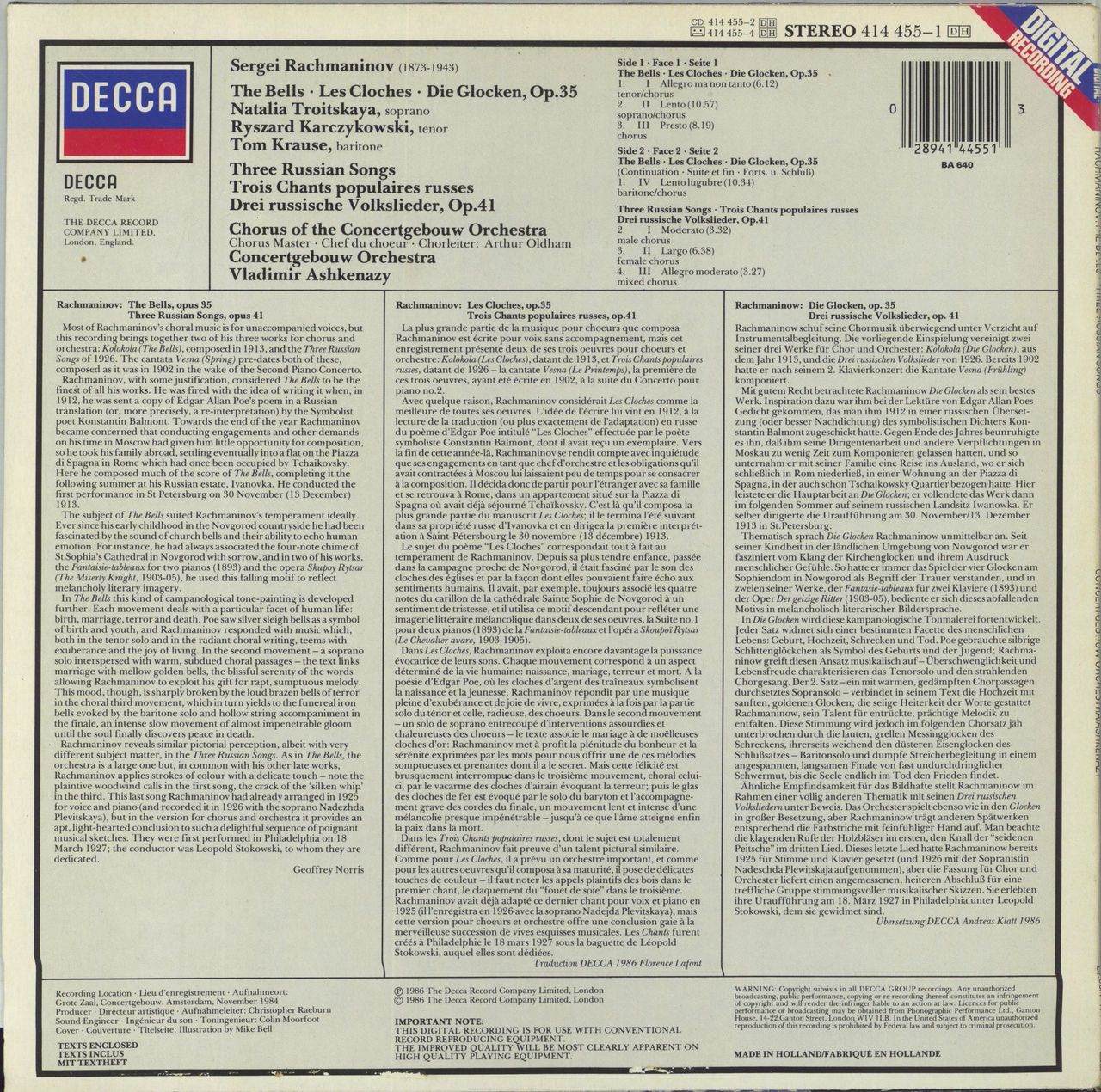 Sergei Rachmaninov The Bells, Op. 35 & three Russian Songs, Op. 41 Dutch Vinyl LP