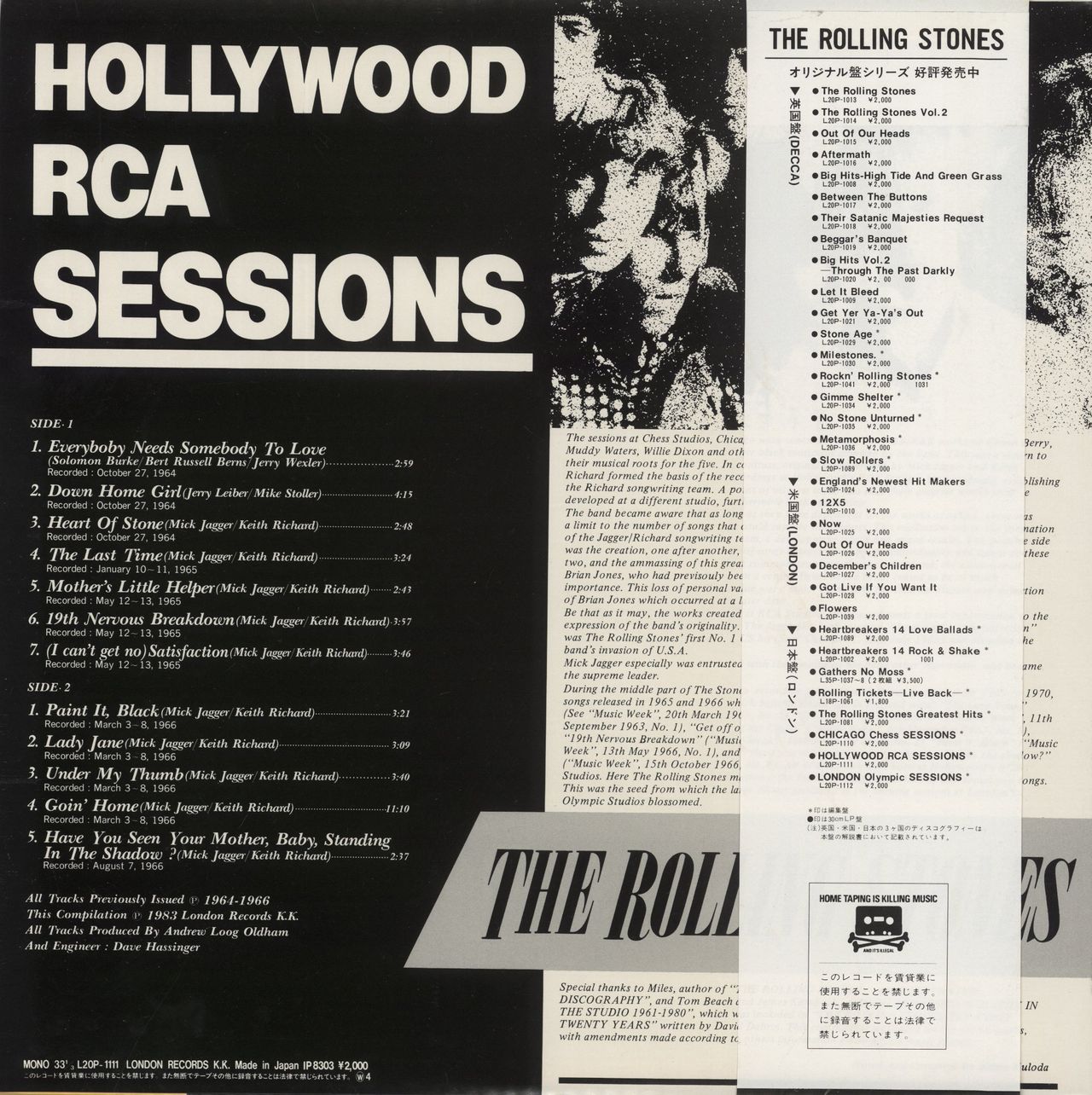 The Rolling Stones Hollywood RCA Sessions Japanese Vinyl LP