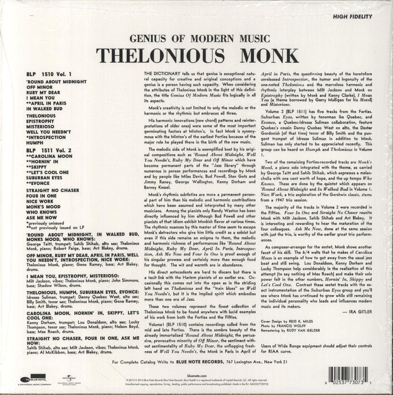 Thelonious Monk Genius Of Modern Music Volume 1 - Blue Note Records 75th Anniversary - Shrink UK Vinyl LP