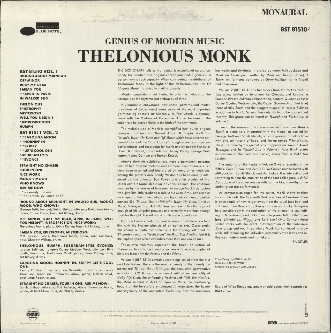 Thelonious Monk Genius Of Modern Music Volume One French Vinyl LP