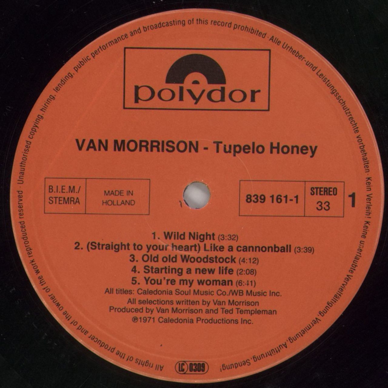 Van Morrison Tupelo Honey Dutch Vinyl LP