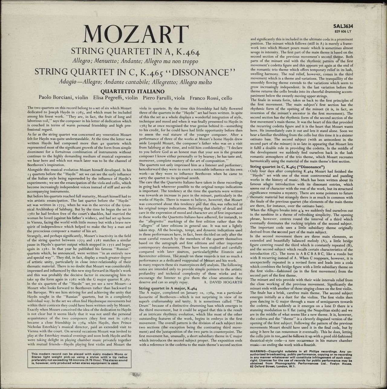 Wolfgang Amadeus Mozart String Quartet in A, K.464 & String Quartet in C, K465 "Dissonance" UK Vinyl LP