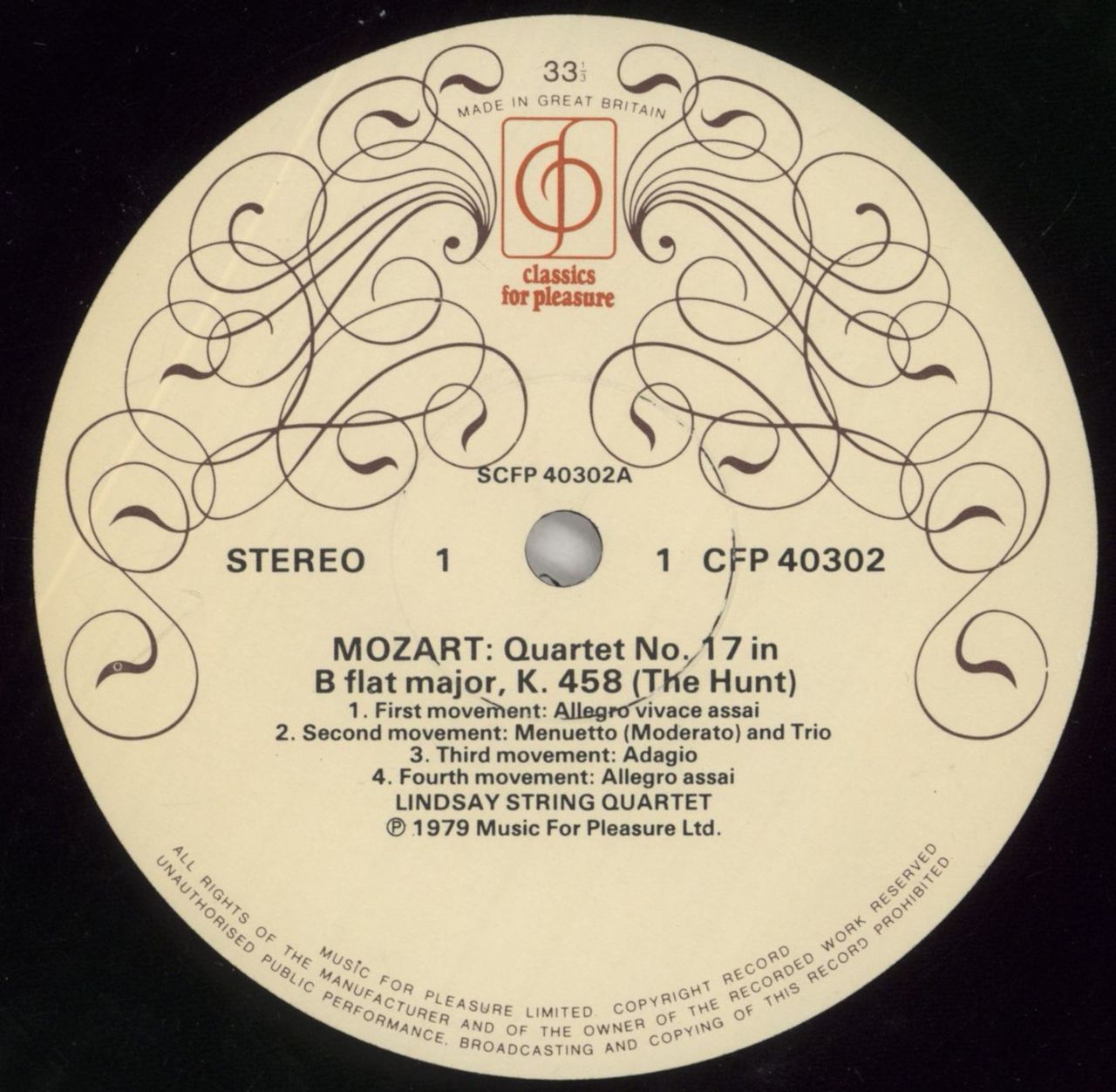 Wolfgang Amadeus Mozart String Quartets: The Hunt K.458-No. 17 In B Flat Major / Dissonance K.465-No. 19 In C UK Vinyl LP