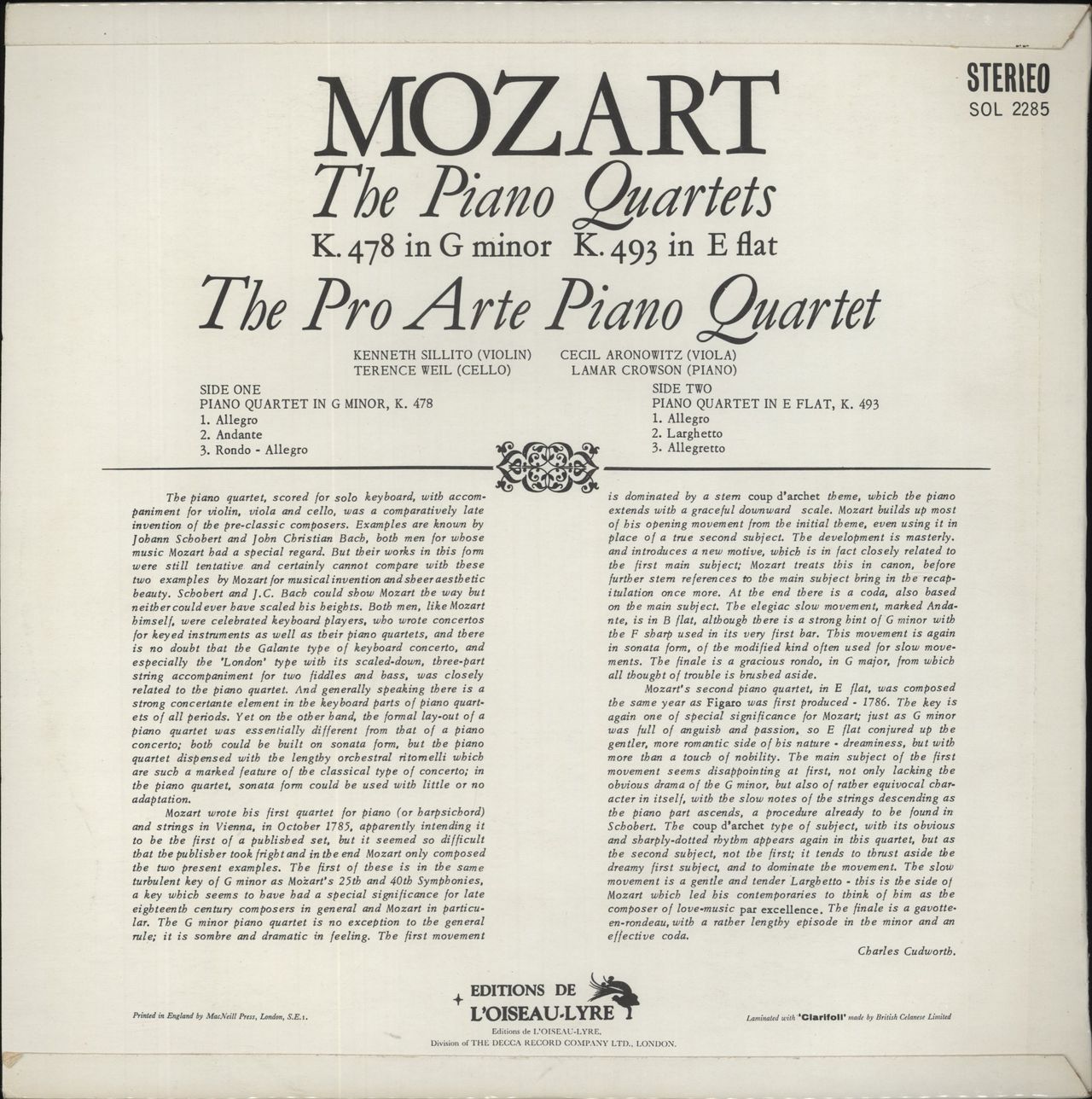 Wolfgang Amadeus Mozart The Piano Quartets UK Vinyl LP