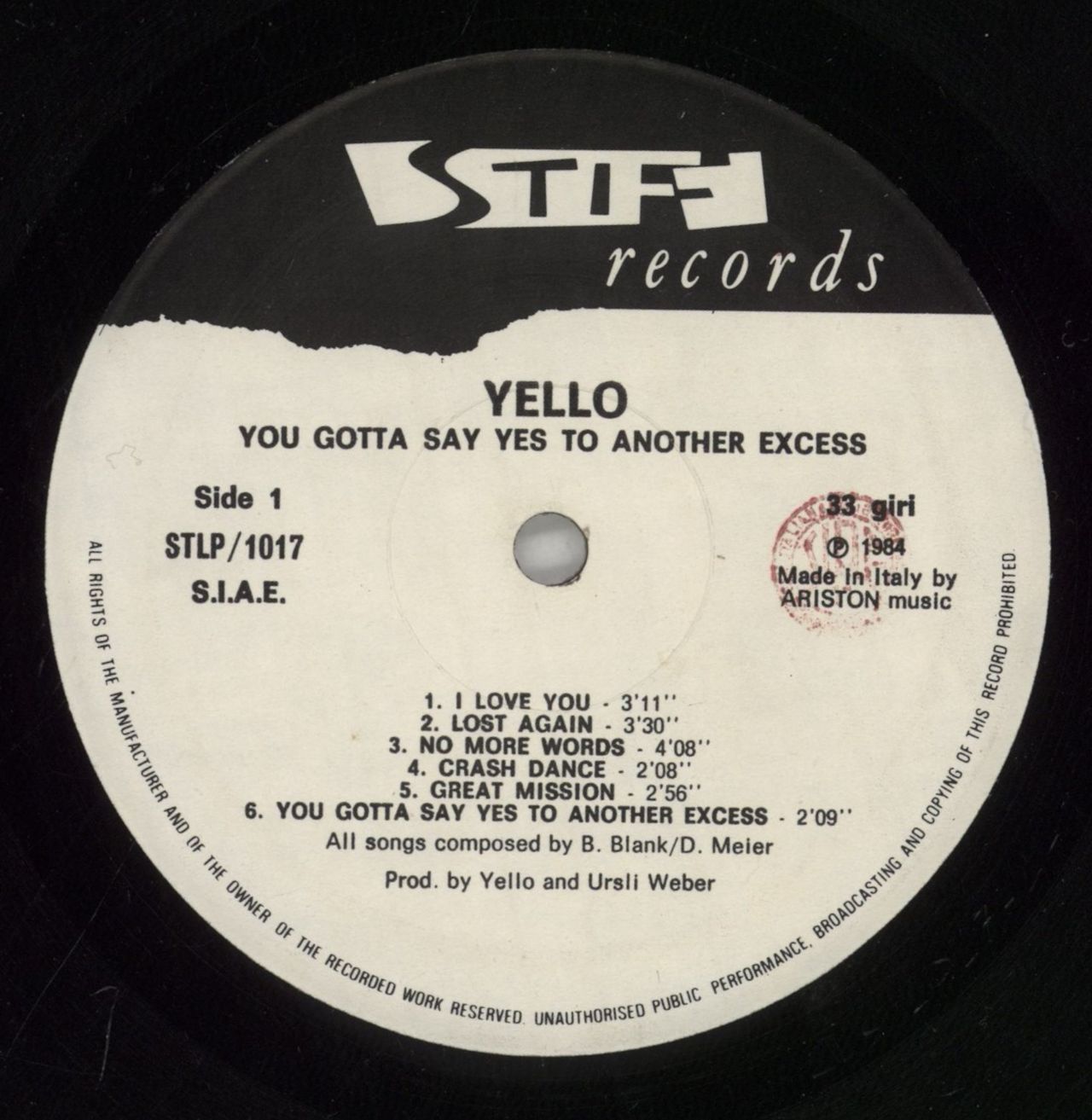 Yello You Gotta Say Yes To Another Excess Italian Vinyl LP