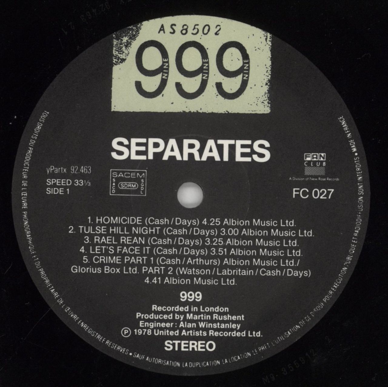 999 Separates French Vinyl LP