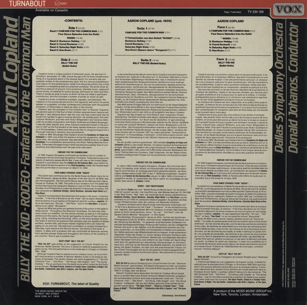 Aaron Copland Copland: Billy The Kid / Rodeo / Fanfare For The Common Man Dutch Vinyl LP