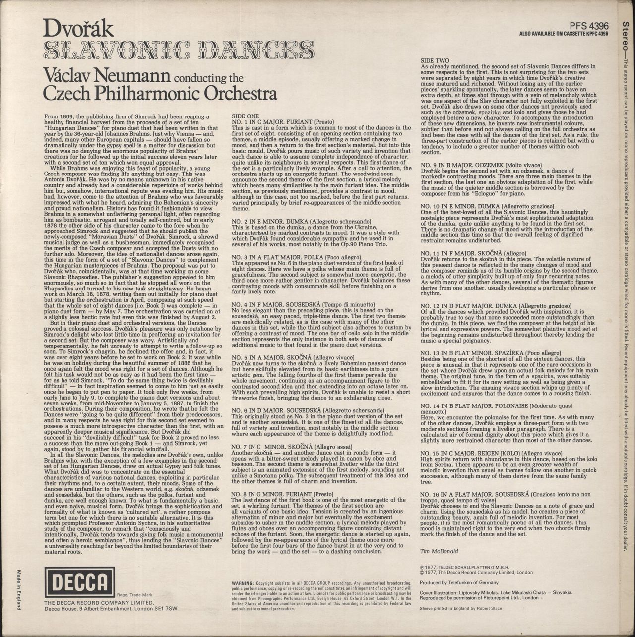 Antonín Dvorák Slavonic Dances UK Vinyl LP