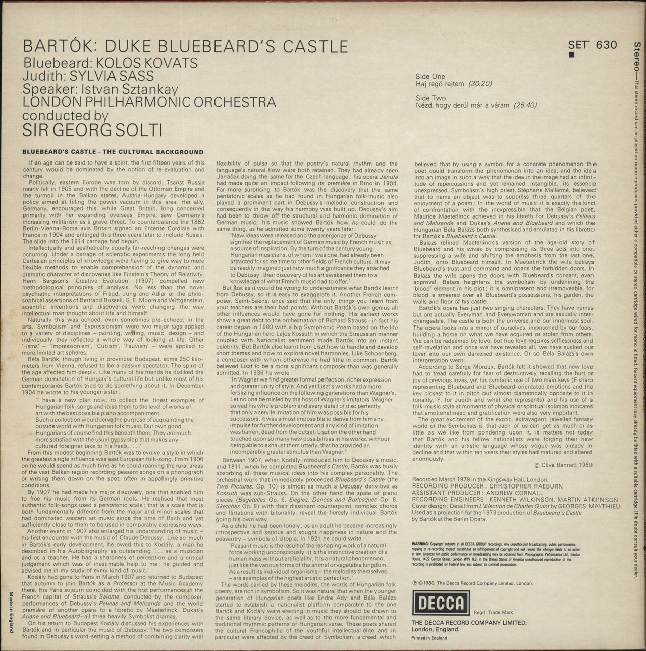 Béla Bartók Bluebeard's Castle UK Vinyl LP