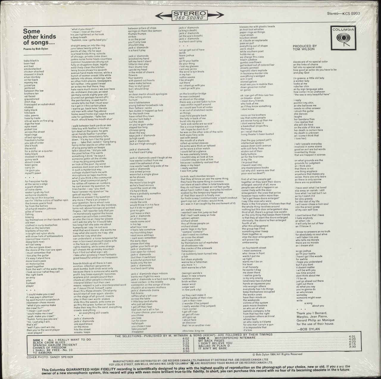 Bob Dylan Another Side Of Bob Dylan - Shrink Canadian Vinyl LP