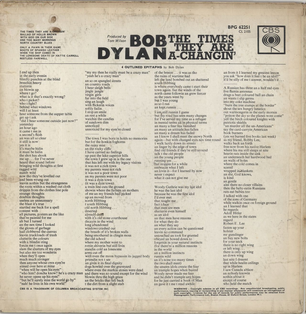 Bob Dylan The Times They Are A-Changin' - 1st Pasted - VG UK Vinyl LP